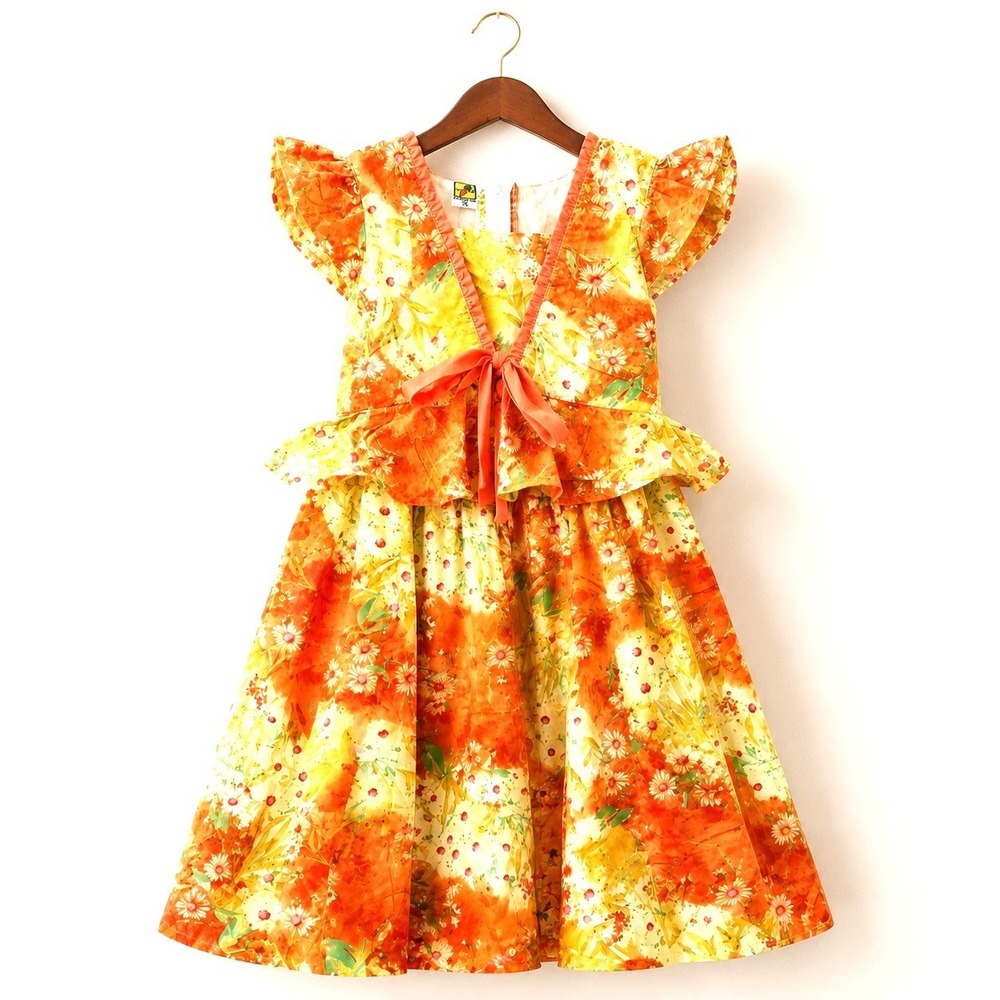 Vintage Carrot 90s Girls Floral Tiered Dress Size 32 Orange Yellow NWT Deadstock
